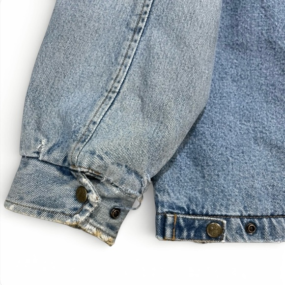 Woolrich 90s Denim Work Jacket Men's L Leather Collar Blanket Lined Distressed - Picture 10 of 16